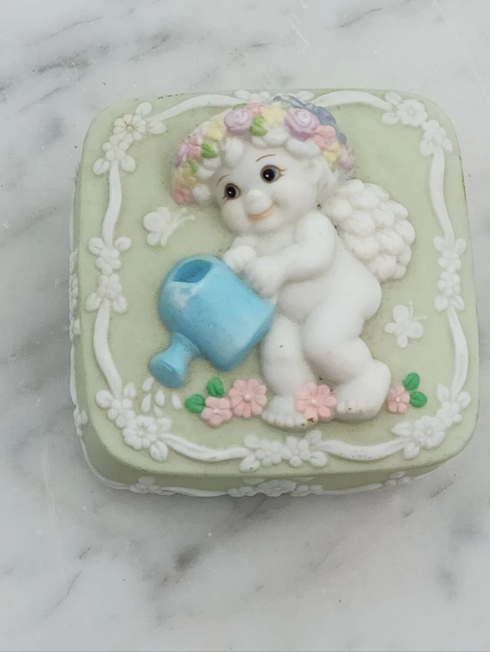 Vintage Dreamsicles Trinket Box Ring Box Cherub Floral Garden Green White 2